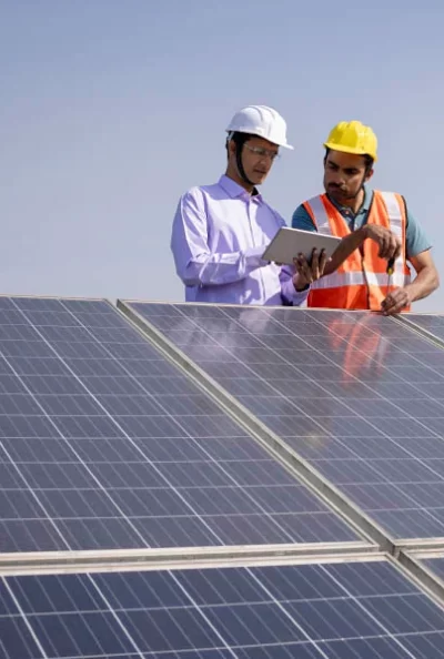 Solar Panels image with electrical contractor and cutomer talking